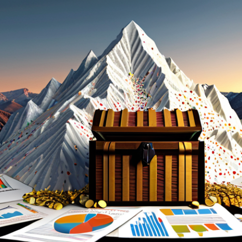 **A mountain of data transforming into a treasure chest, representing the valuable insights hidden within consumer purchase history. Include graphs and charts as elements within the data mountain. Style: Data Visualization Art.**