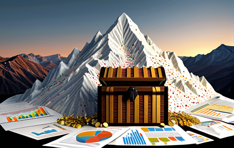 **A mountain of data transforming into a treasure chest, representing the valuable insights hidden within consumer purchase history. Include graphs and charts as elements within the data mountain. Style: Data Visualization Art.**