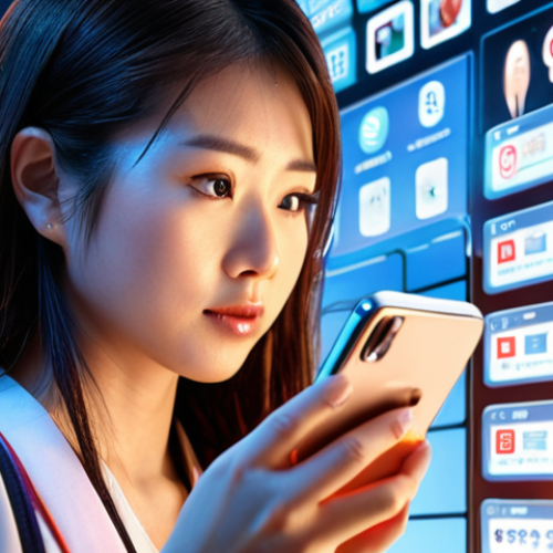 **

Prompt: "Modern Japanese woman using social media on her phone, surrounded by digital information and icons representing social trends. Soft, bright lighting. Focus on her engaged expression."

**