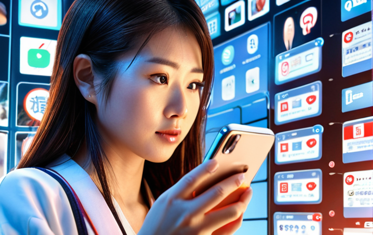 **

Prompt: "Modern Japanese woman using social media on her phone, surrounded by digital information and icons representing social trends. Soft, bright lighting. Focus on her engaged expression."

**