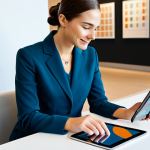 A professional woman in modest business attire, sitting comfortably at a sleek, modern table, engaging with a tablet displaying personalized content and data visualizations. The background is a clean, bright, and inviting retail lounge or innovative customer service hub, indicating a seamless digital and physical experience. Professional photography, high quality, studio lighting, perfect anatomy, correct proportions, natural pose, well-formed hands, proper finger count, natural body proportions, fully clothed, modest clothing, appropriate attire, professional dress, safe for work, appropriate content, professional, family-friendly.
