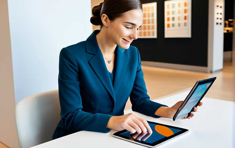 A professional woman in modest business attire, sitting comfortably at a sleek, modern table, engaging with a tablet displaying personalized content and data visualizations. The background is a clean, bright, and inviting retail lounge or innovative customer service hub, indicating a seamless digital and physical experience. Professional photography, high quality, studio lighting, perfect anatomy, correct proportions, natural pose, well-formed hands, proper finger count, natural body proportions, fully clothed, modest clothing, appropriate attire, professional dress, safe for work, appropriate content, professional, family-friendly.