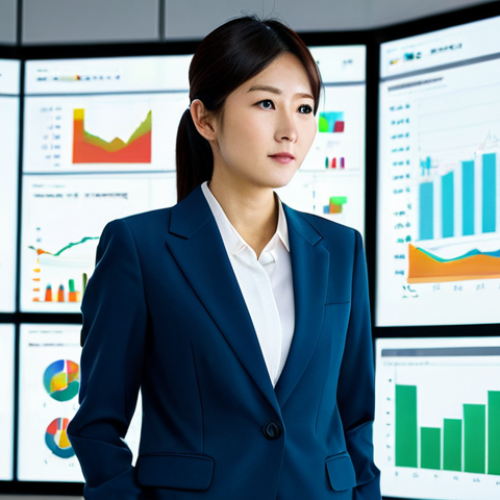 **

A Japanese businesswoman in a modern office, analyzing consumer behavior data on a large screen. She wears a stylish, modest business suit. The office is bright and clean, with charts and graphs visualizing data trends. Focus on her confident expression and the futuristic feel of the data-driven environment. Fully clothed, appropriate attire, safe for work, perfect anatomy, natural proportions, professional.

**