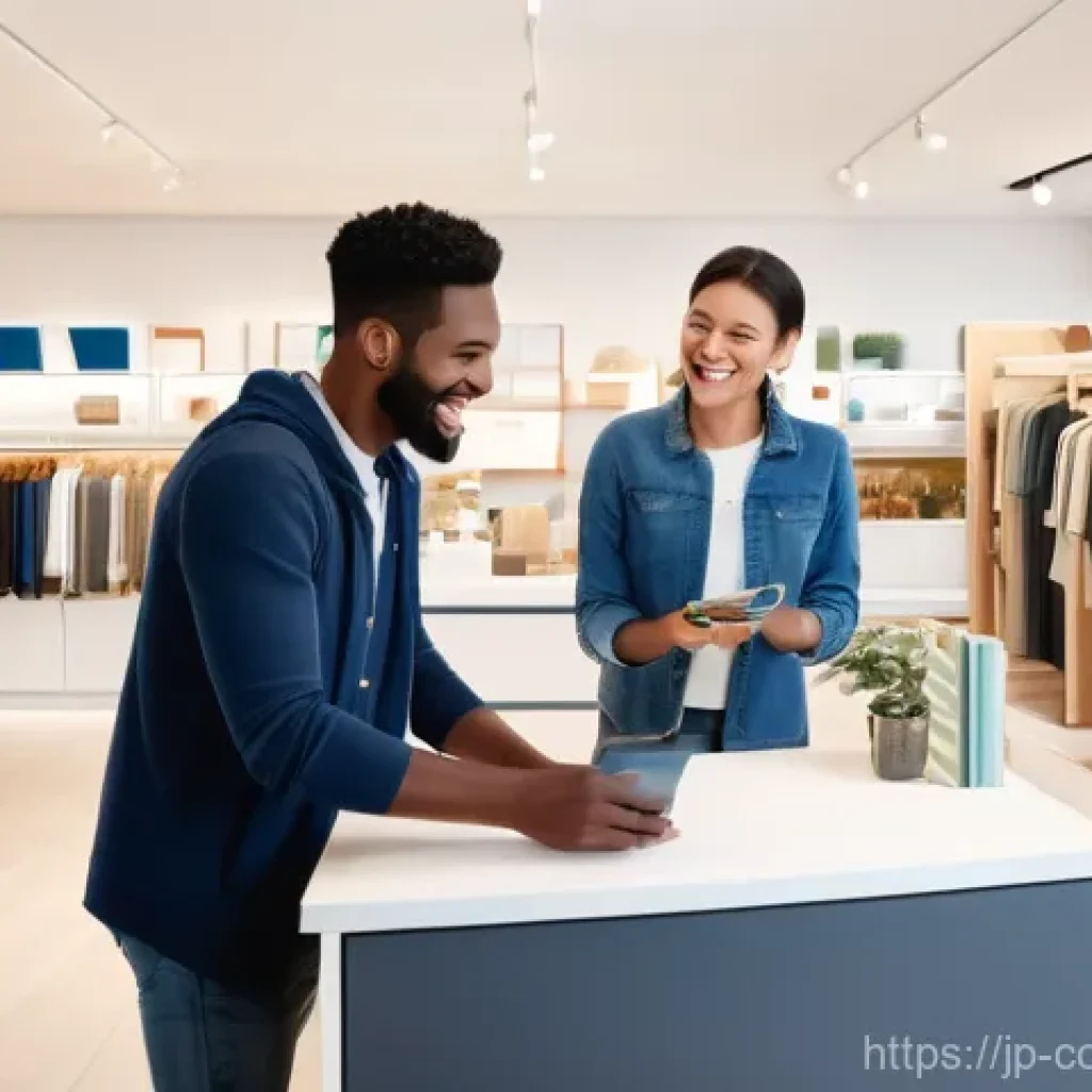 소비자 보호와 윤리적 경영 - "A brightly lit, modern retail store or a comfortable home setting. A diverse group of casually dres...