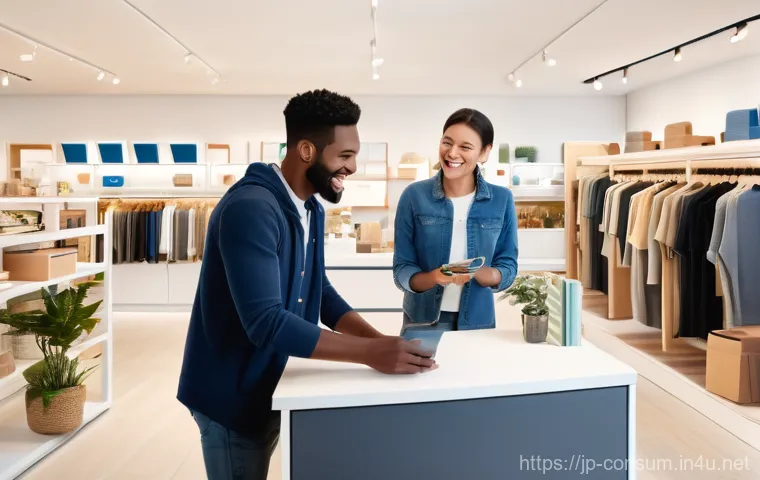 소비자 보호와 윤리적 경영 - "A brightly lit, modern retail store or a comfortable home setting. A diverse group of casually dres...