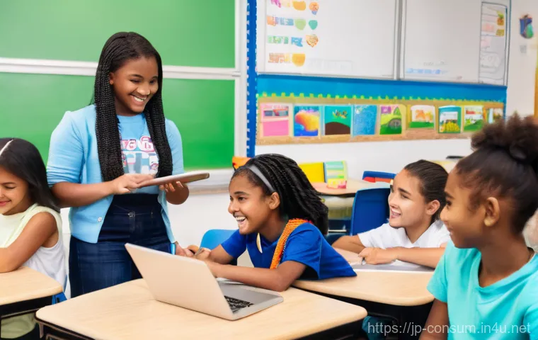 소비자 보호 교육 프로그램 설계 - **Prompt 1 (Younger Generation):** A diverse group of cheerful elementary and middle school students...