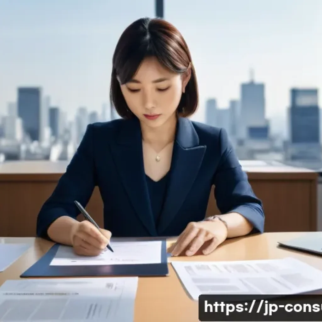 소비자전문기술사 시험 응시 자격 요건 - A modern Japanese office scene featuring a professional woman in business attire carefully organizin...