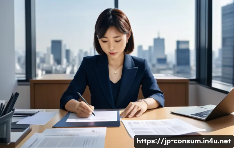 소비자전문기술사 시험 응시 자격 요건 - A modern Japanese office scene featuring a professional woman in business attire carefully organizin...