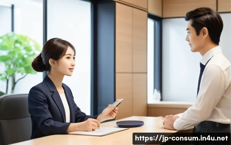 소비자 불만 유형별 대응 프로세스 - A modern Japanese customer service office scene where a polite young female employee attentively lis...