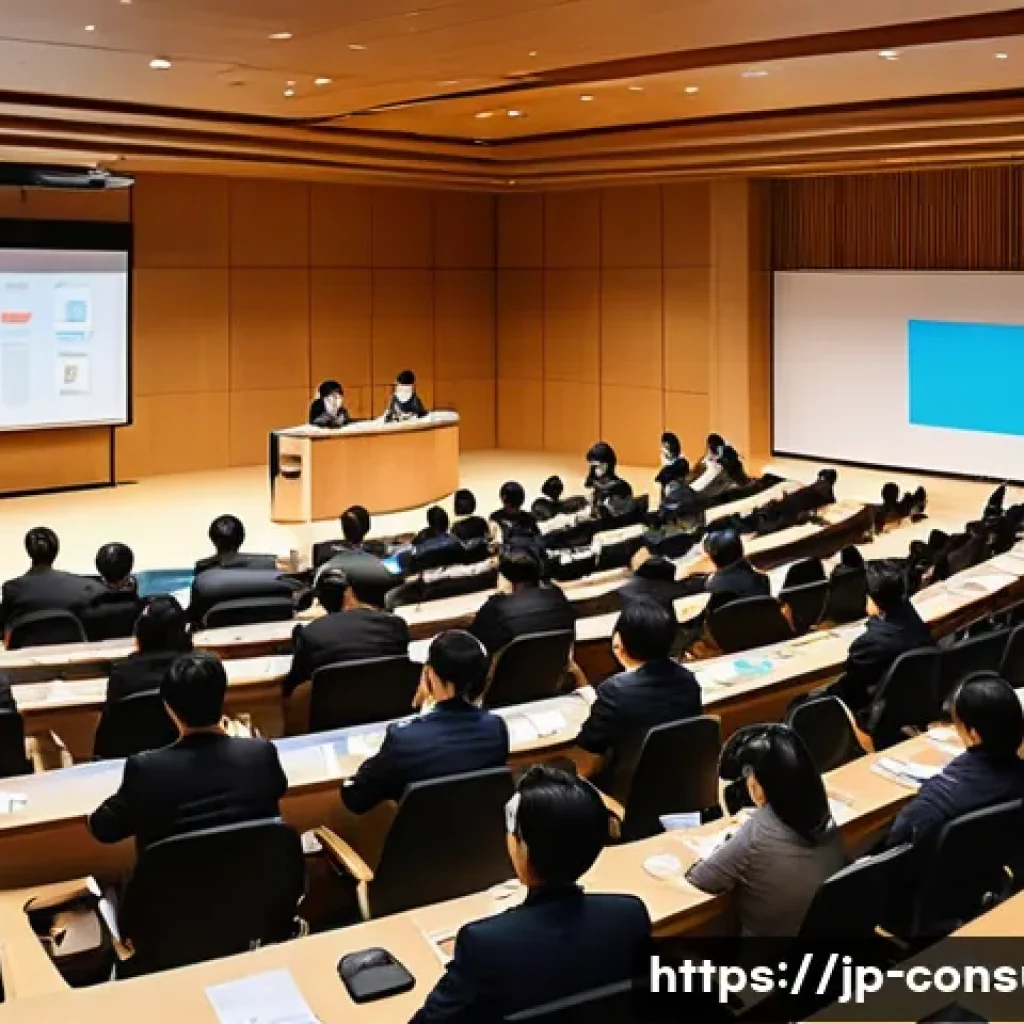 소비자전문기술사 관련 학회 활동 - A modern Japanese conference hall filled with diverse professionals attentively listening to a techn...