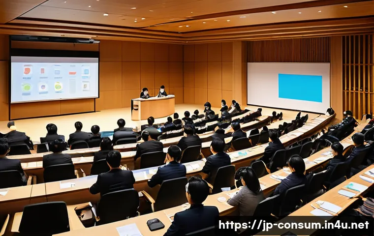 소비자전문기술사 관련 학회 활동 - A modern Japanese conference hall filled with diverse professionals attentively listening to a techn...