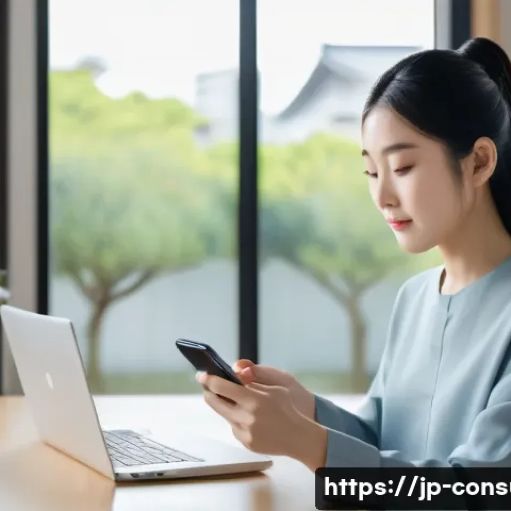 소비자 보호와 관련된 최신 연구 논문과 사례 연구와 분석 - A modern digital consumer protection scene showing a young Japanese woman using a smartphone app to ...