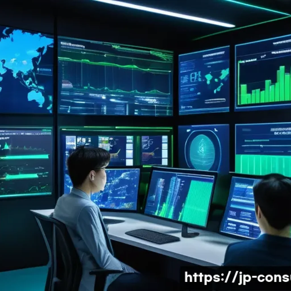 소비자 보호와 관련된 혁신적 연구 동향과 사례 연구와 분석 - A futuristic digital consumer protection control room with diverse professionals monitoring large tr...