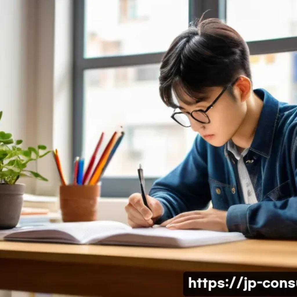 소비자전문기술사 실기 준비 핵심 팁 - A focused Japanese adult student studying practical exam materials at a tidy desk, surrounded by nea...