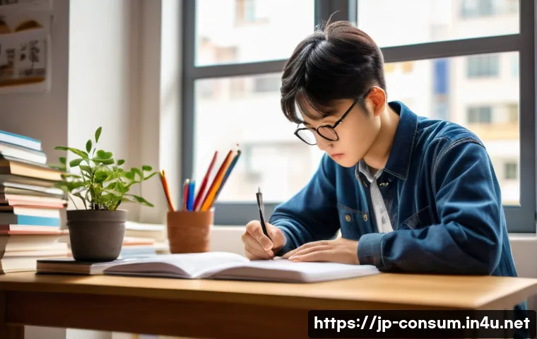 소비자전문기술사 실기 준비 핵심 팁 - A focused Japanese adult student studying practical exam materials at a tidy desk, surrounded by nea...