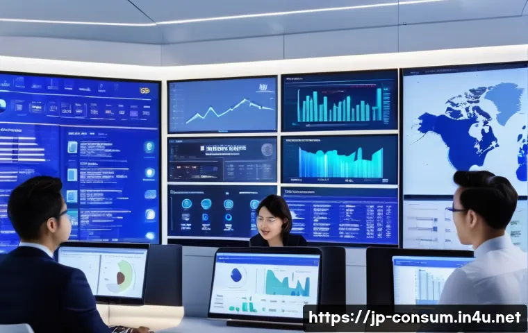 소비자 행동 데이터를 활용한 글로벌 전략 개발 - A modern global marketing control room with diverse professionals analyzing large digital screens di...