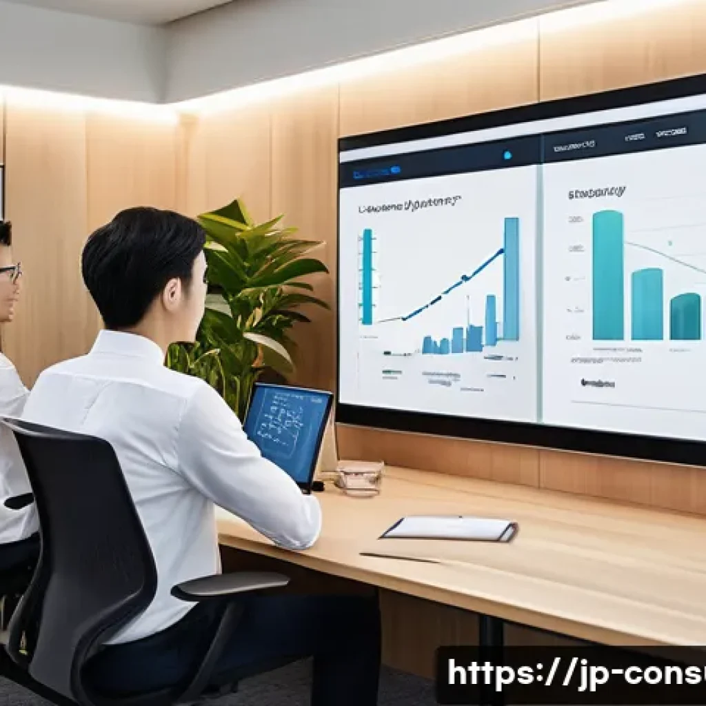 소비자중심 경영의 주요 성공 요인과 사례 연구 - A modern Japanese office scene with a diverse team of professionals collaborating around a large dig...