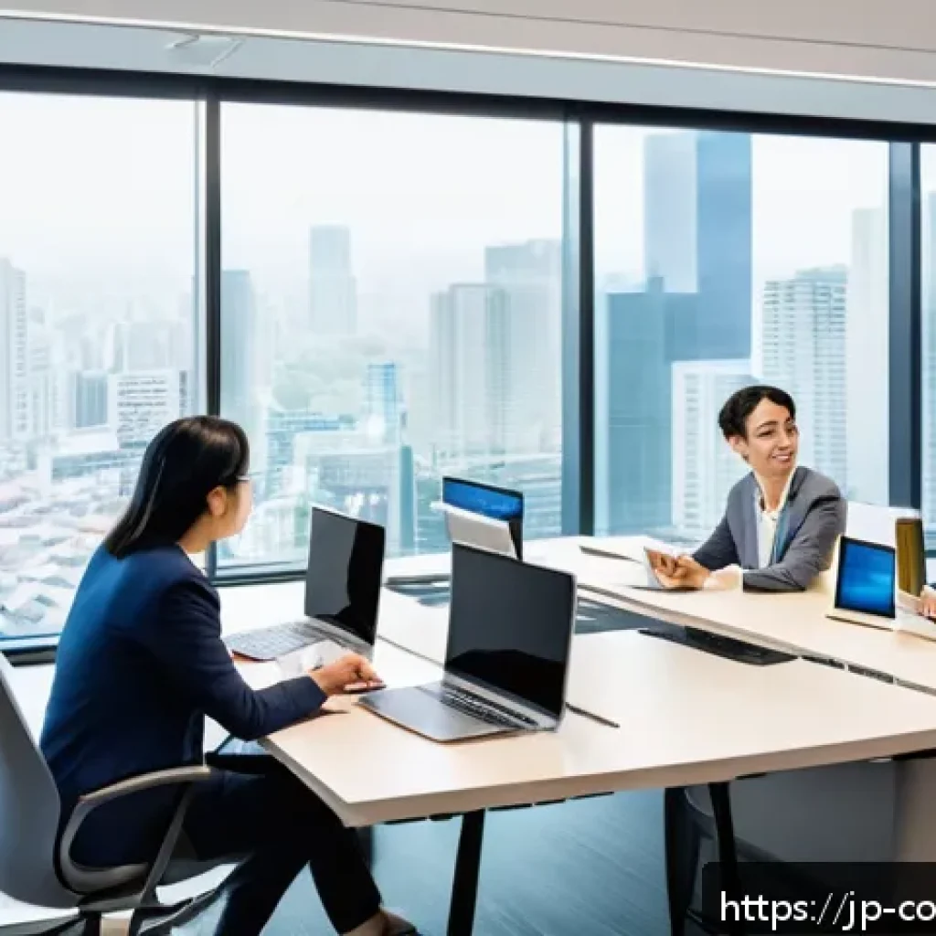 소비자중심 경영을 통한 시장 경쟁력 강화 - A modern Japanese office scene with diverse employees engaged in a cross-functional meeting around a...