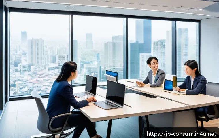 소비자중심 경영을 통한 시장 경쟁력 강화 - A modern Japanese office scene with diverse employees engaged in a cross-functional meeting around a...