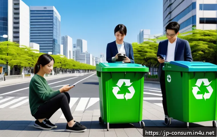 소비자 행동 데이터를 활용한 지속 가능성 혁신 전략 - A modern Japanese urban scene featuring diverse consumers using a mobile recycling app on their smar...