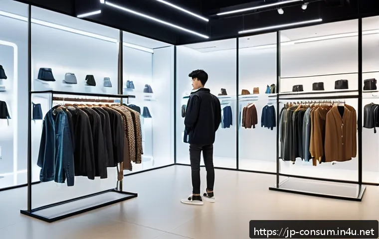 소비자 행동 데이터를 활용한 비즈니스 혁신 사례 연구와 분석 - A modern Japanese fashion boutique scene showcasing an AI-powered stylist assisting a diverse group ...