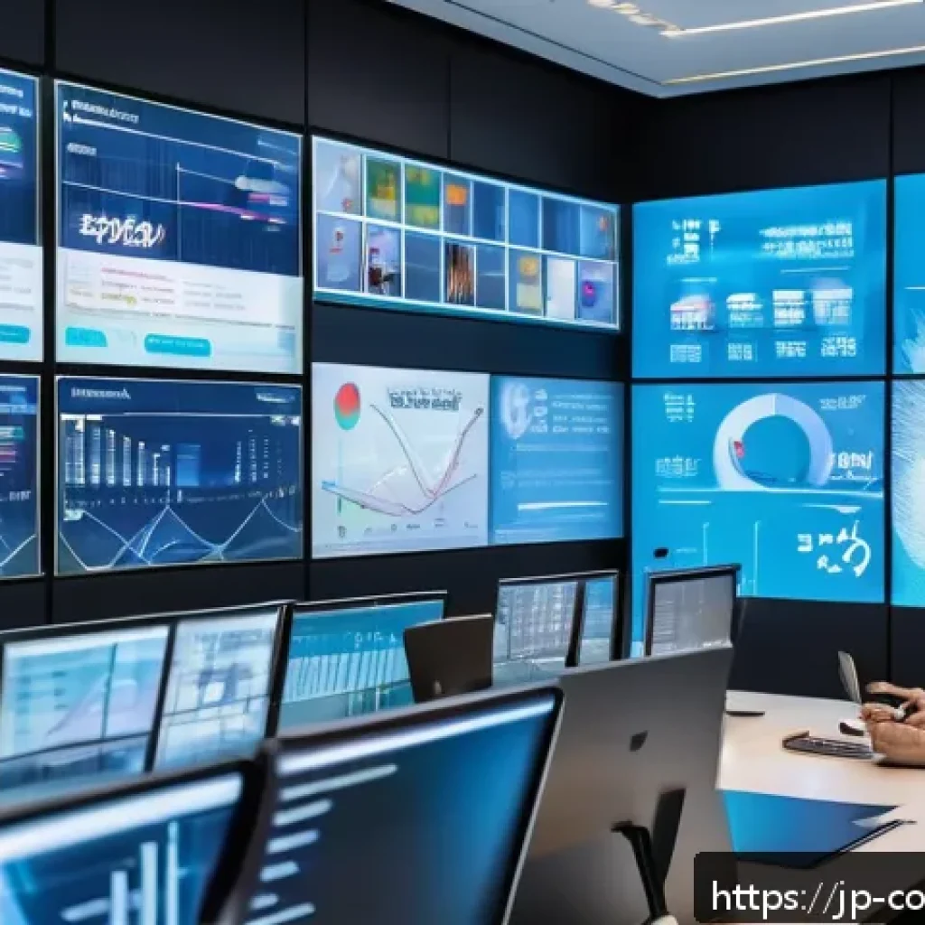 소비자 행동 데이터를 활용한 비즈니스 모델 혁신 - A modern Japanese office scene featuring diverse professionals analyzing consumer data on multiple t...