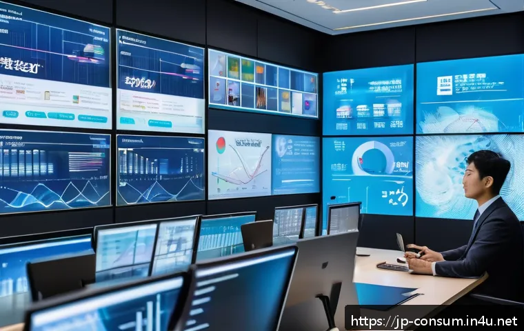 소비자 행동 데이터를 활용한 비즈니스 모델 혁신 - A modern Japanese office scene featuring diverse professionals analyzing consumer data on multiple t...