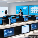 소비자 불만 처리와 CS 혁신 사례 - A modern customer service center scene in Japan featuring diverse staff members wearing smart busine...