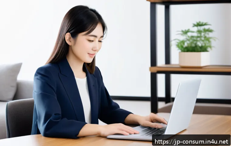 소비자 보호법과 관련된 최신 이슈 분석 - A modern Japanese home office setting showing a young adult woman calmly handling an online shopping...