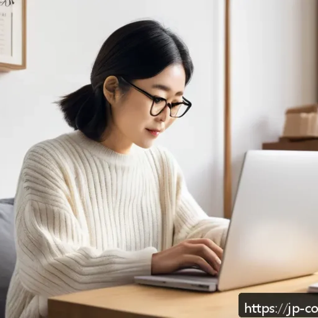 소비자 피해 예방과 분쟁 해결법 - A modern Japanese woman carefully reading product descriptions on a laptop in a cozy, minimalist roo...