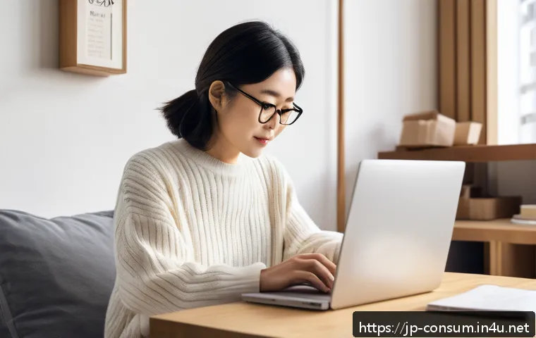 소비자 피해 예방과 분쟁 해결법 - A modern Japanese woman carefully reading product descriptions on a laptop in a cozy, minimalist roo...