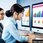 소비자 행동 데이터를 활용한 분석 기법 - A modern Japanese office scene where diverse marketing professionals analyze segmented customer data...