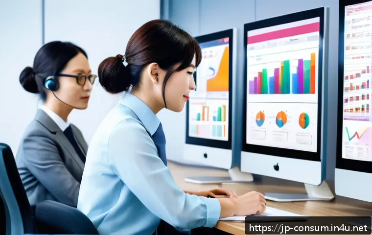 소비자 행동 데이터를 활용한 분석 기법 - A modern Japanese office scene where diverse marketing professionals analyze segmented customer data...