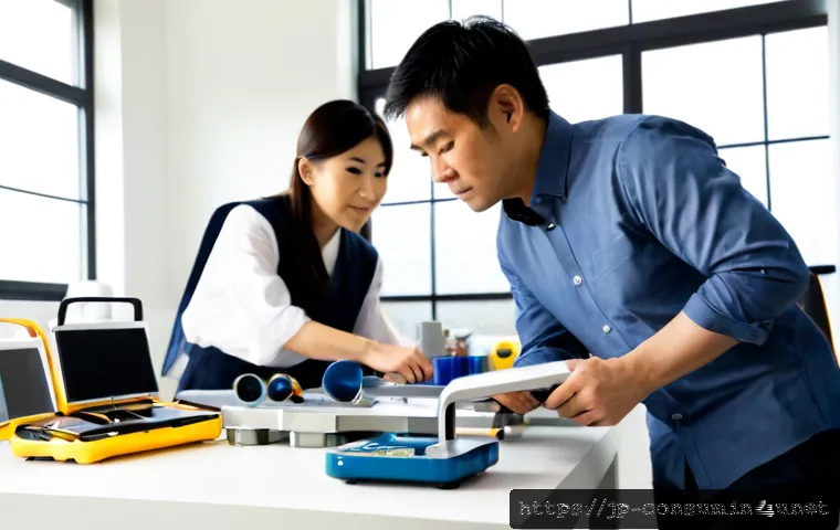 소비자전문기술사 실무 프로젝트 경험 - Photorealistic Japanese consumer product engineer reviewing a practical project prototype at a clean...