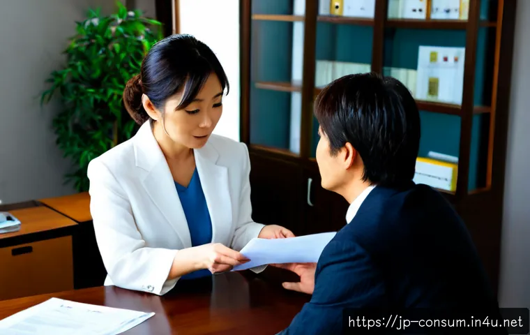 소비자 보호 관련 법률 서비스 사례 - Photorealistic Japanese consumer protection lawyer consulting a middle-aged couple in a calm modern ...